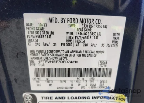 2013 Ford F-150 Xlt из США, поврежденный, VIN 1FTFW1EF7DFD74216